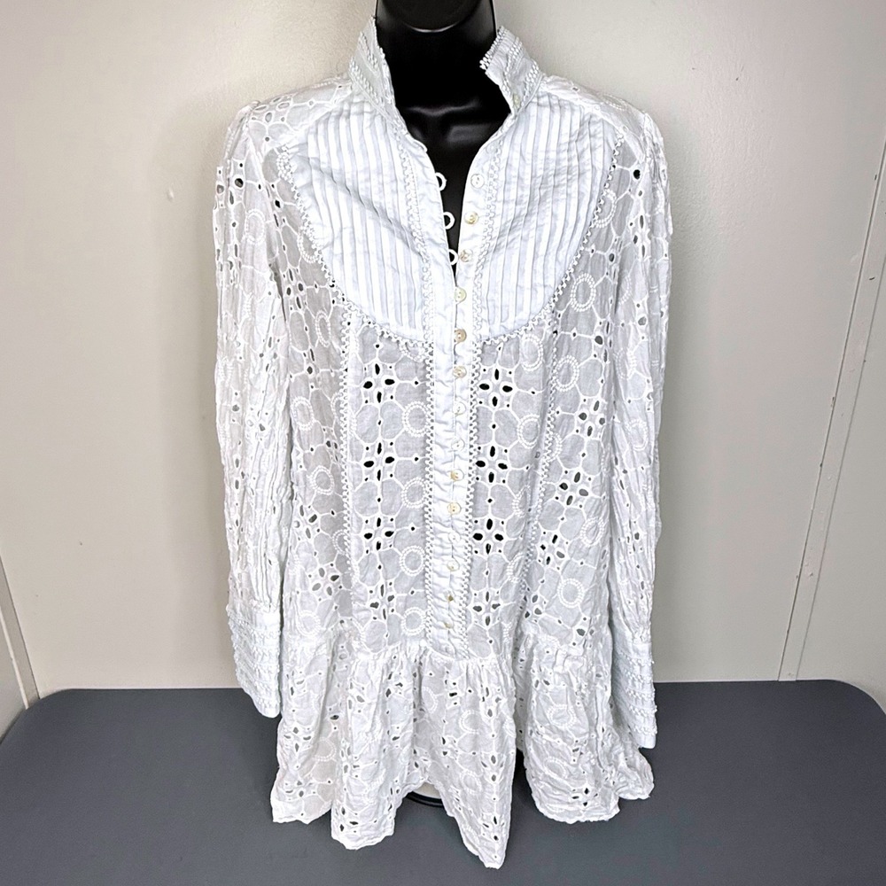 ASA Fashion Group Tunic Womens Medium White Eyelet Lace Ruffle Long Sleeve